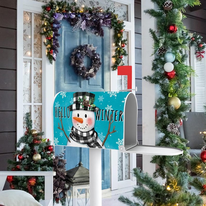 FBCOO Hello Winter Snowman Blue Mailbox Cover Magnetic Standard Size 20.5" x 18", Buffalo Plaid Check Snowflake Decorative Post Letter Box Decor, Christmas Holiday Farmhouse Garden Outdoor Decoration - Image 5